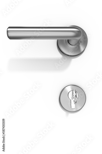 Low angle view of metal doorknob and lock with key