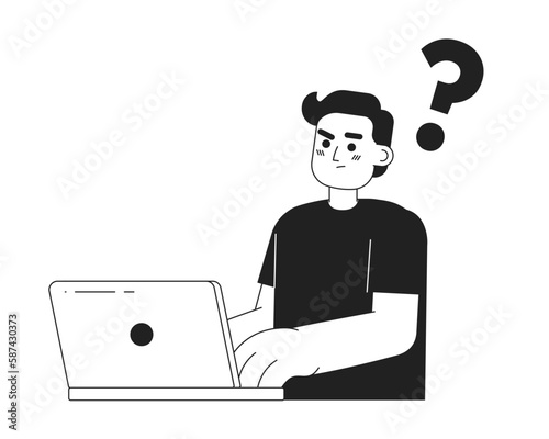 Confused programmer with laptop monochromatic flat vector character. Linear hand drawn sketch. Editable half body person. Simple black and white spot illustration for web graphic design and animation