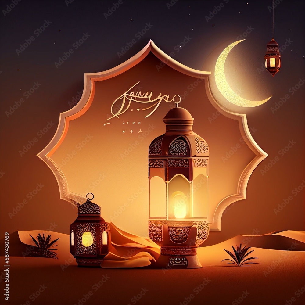 arabia sahara lantern and moon setup for greeting ramadan or eid mubarak cards Generative AI