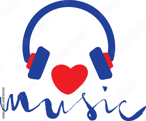 Headphones with music text and heart icon