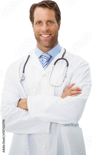 Smiling doctor with arms crossed in medical office