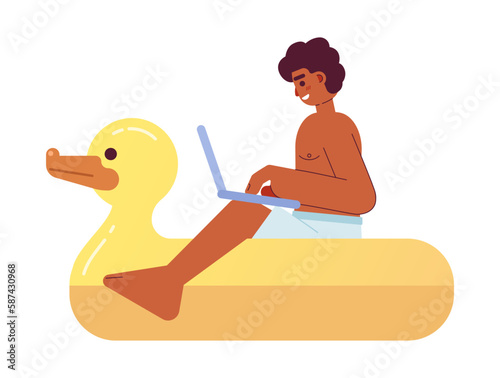 Remote freelancer working from anywhere semi flat color vector character. Man with laptop on duck float. Editable person on white. Simple cartoon spot illustration for web graphic design and animation