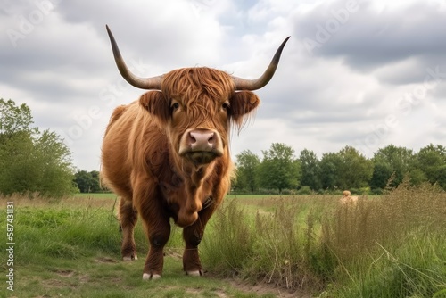 Walking and grazing Highland cow cattle (Bos taurus taurus) on a field in Deelerwoud, the Netherlands. Generative AI