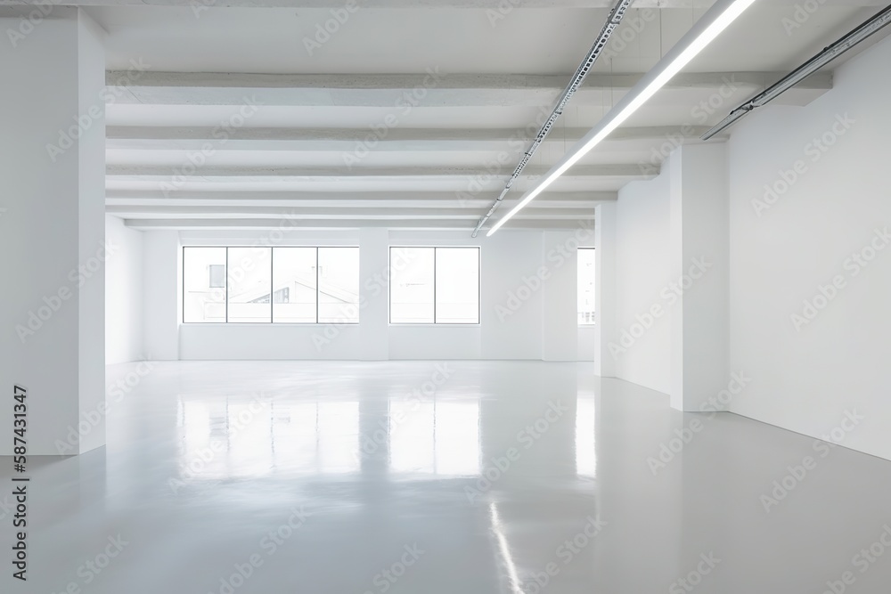 Bright and airy work environment with clean white interior and ample natural light, white empty interior, Generative AI