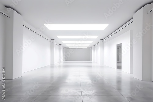 Minimalist white office space with natural lamp light, Generative AI