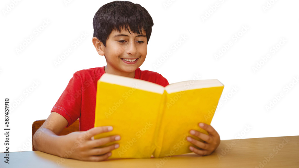 Cute boy reading book in library Cute boy reading book in library