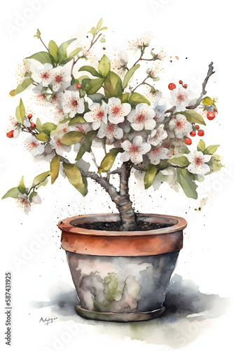 Cherry Blossom Watercolor Illustration for Botanical Home Decor. Generative AI
