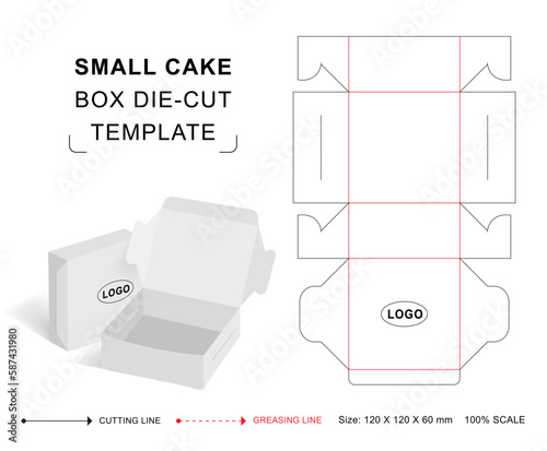 Small cake box die cut template with 3D blank vector mockup for food packaging