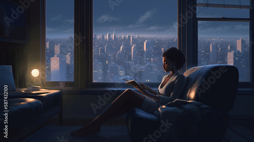 Lo-fi, an African American woman reads a magazine in the comfort of her chair as the sun light disappears. 