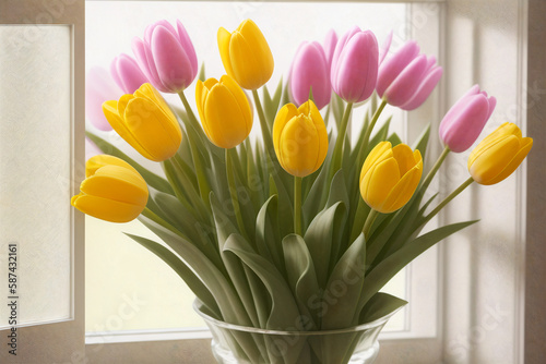 a vase filled with lots of yellow and pink flowers, tulips, stands at the open window, flooded with sunlight. Generative ai