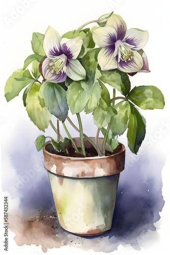 Watercolor Hellebore Art Print for Natural and Botanical Home Decor. Generative AI