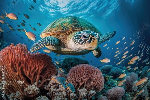 A Breathtaking Underwater Photograph Featuring a Vibrant Coral Reef, Green Sea Turtle, and Various Fish. Created using generative AI.