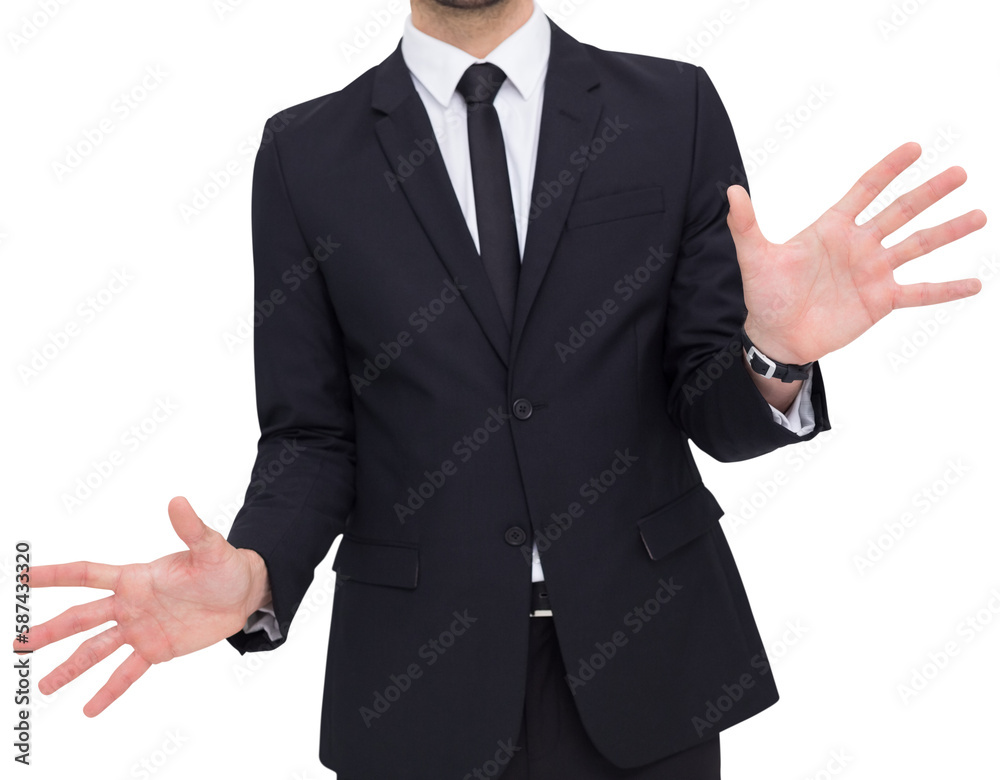 Businessman standing with hands spread out Businessman standing with hands spread out