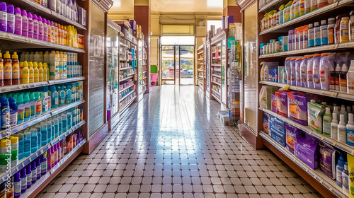 Inside a Supermarket, Long Aisle with Shelves Filled with Products and Hygiene Essentials, Generative AI