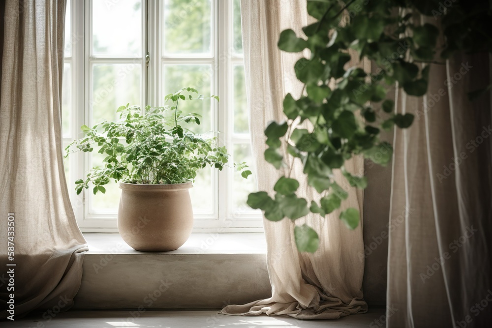 Fototapeta premium Plant in the pot on the window ceiling