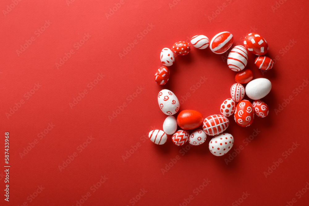 Easter backgrounds with a round frame of Easter red and white eggs on a bright red background. Easter backgrounds with a round frame of Easter red and white eggs on a bright red background.