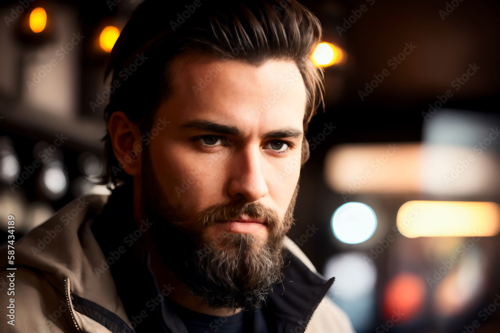 Portrait Professional brutal Barista with a fancy beard and makes coffee in a modern coffee shop. Generative AI Portrait Professional brutal Barista with a fancy beard and makes coffee in a modern coffee shop. Generative AI