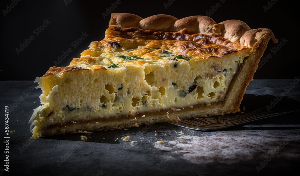 a slice of quiche on a plate with a fork. generative ai a slice of quiche on a plate with a fork. generative ai