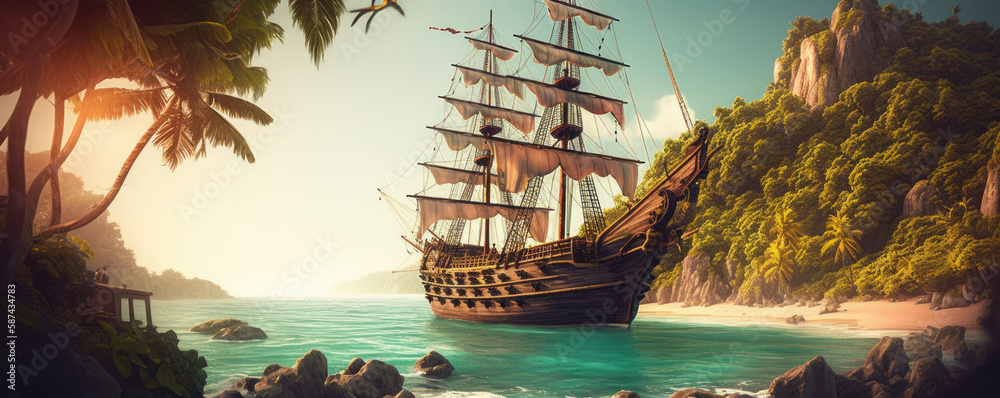 Fototapeta premium Pirate adventure on the high seas. Large pirate ship making its way to the bay of a tropical island. Generative AI
