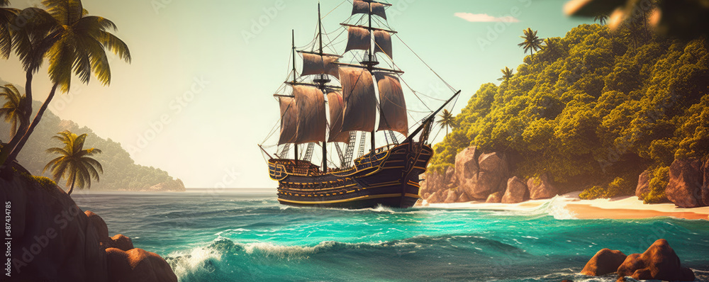 Obraz premium Pirate adventure on the high seas. Large pirate ship making its way to the bay of a tropical island. Generative AI