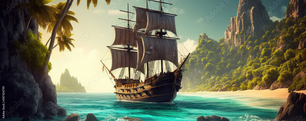 Obraz premium Pirate adventure on the high seas. Large pirate ship making its way to the bay of a tropical island. Generative AI
