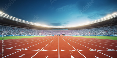 front view of an athletics stadium with a racetrack and starting blocks. Generative AI photo