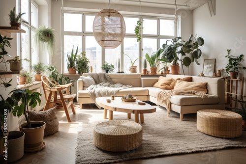 Bright living room with plant and wooden tables. Real picture. Generative AI