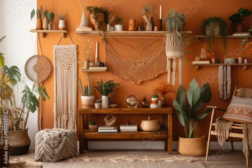 A 70s boho style arch color block wall decor display with macrame wall hanging, wooden shelves, piled books, letter board, string lights, and indoor plants. Bohemian homey nook. Generative AI