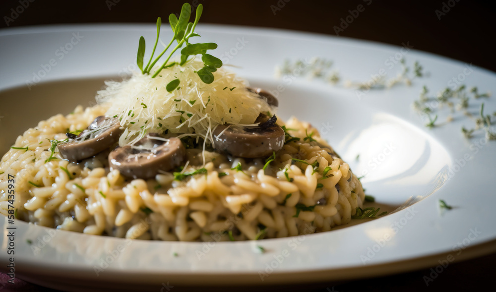  a plate of pasta with mushrooms and parmesan cheese.  generative ai