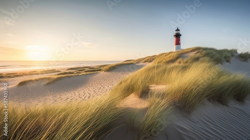 Serene and picturesque beach scene on the island of Sylt, Germany, capturing the pristine white sand, rolling waves of the North Sea, and a majestic lighthouse 
