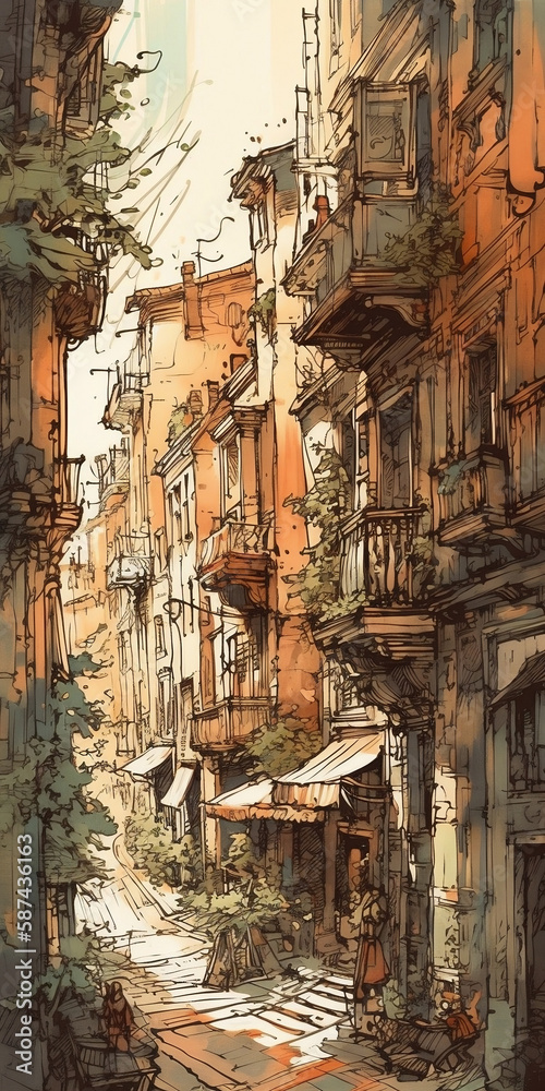 building, architecture, street, dense, loose ink sketching, watercolors, medieval scenery of everyday life, dense and narrow street, highly populated, , baroque, created using generative AI