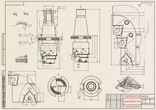 Mechanical engineering drawings on sepia background. Tap tools, borer. Technical Design. Cover. Blueprint. Vector illustration.