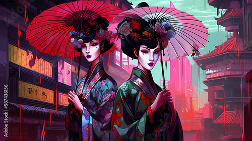 Asian women with parasols. Generative AI.