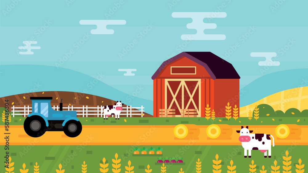 Farm landscape, farming, agricultural, farmland, farmerhouse, ranch, tractor, plowing, barnyard