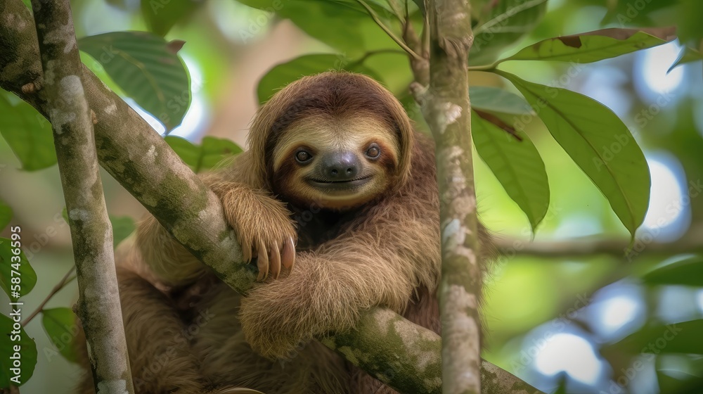 Fototapeta premium Baby sloth in tree. Generative AI