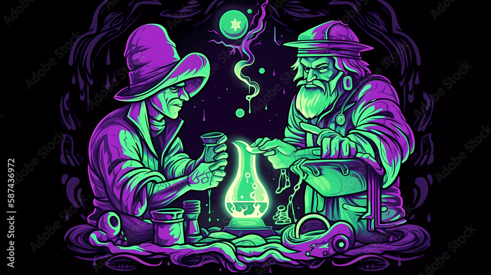 Two alchemist working on a science project. Generative AI.