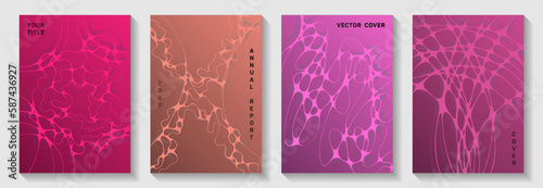 Fashionable dj party flyers. Linked curve lines grid textures. Tracery title page vector layouts. Electronic music party posters set fluid wavy graphic design.