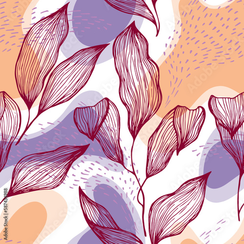 Sketch style doodle line texture leaves over stains and dots seamless vector ...