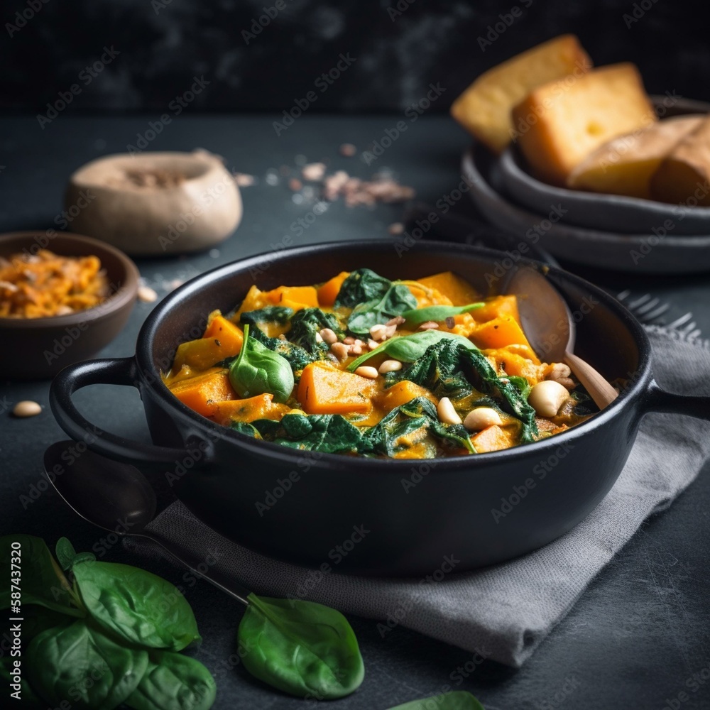 Vegan pumpkin stew dish with spinach served in bowl with spoon on dark kitchen table background with pot and ingredients. Healthy seasonal food and clean eating concept Generative AI