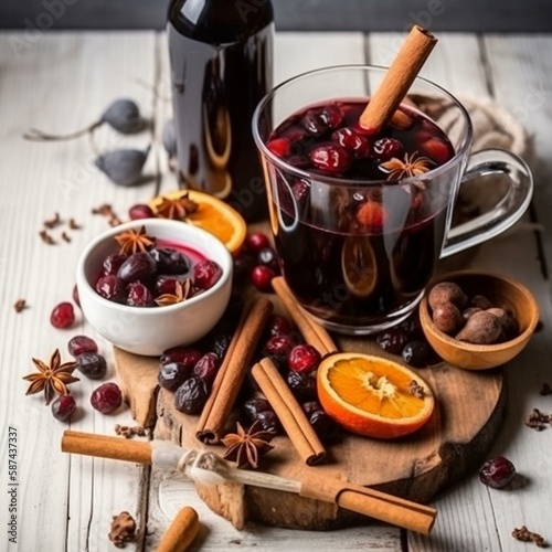 Mulled wine Ingredients, christmas holiday hot winter drink, bottle red wine, dried fruits, candy, honey, spices, red mug on white wood Generative AI