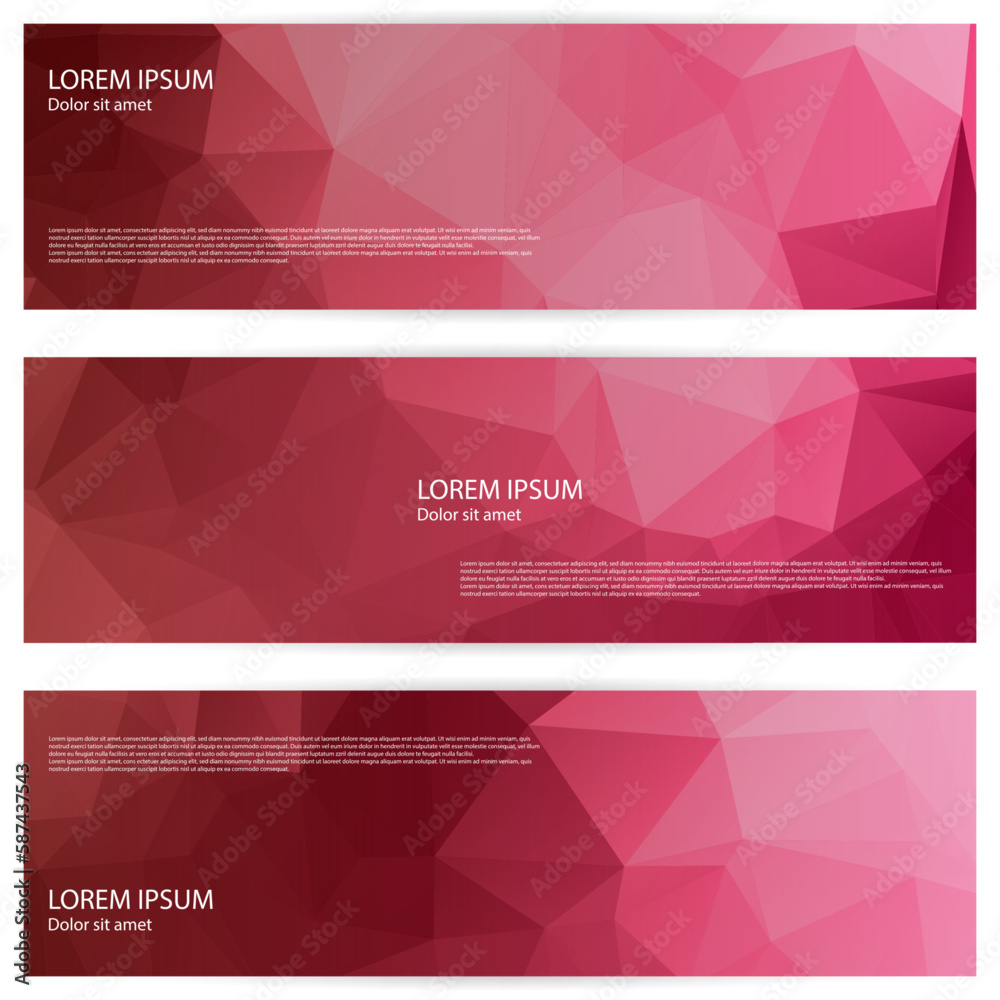 Fototapeta premium Business webinar horizontal banner templates design. Modern banner design with pink red low poly background and text. Banner, cover or landing page headers batch. Polygonal neoteric mokups.