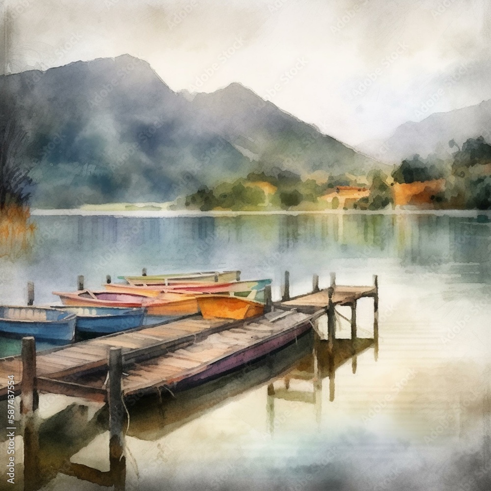 Digital watercolor painting of Panorama landscape rowing boats on lake with jetty against mountain background Generative AI