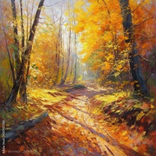 Original oil painting gorgeous forest in autumn, scenic landscape with pleasant warm sunshine fine art Generative AI