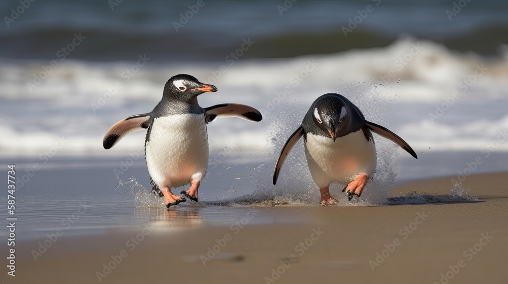 Obraz premium Gentoo penguin chicks chasing on beach. Generative AI