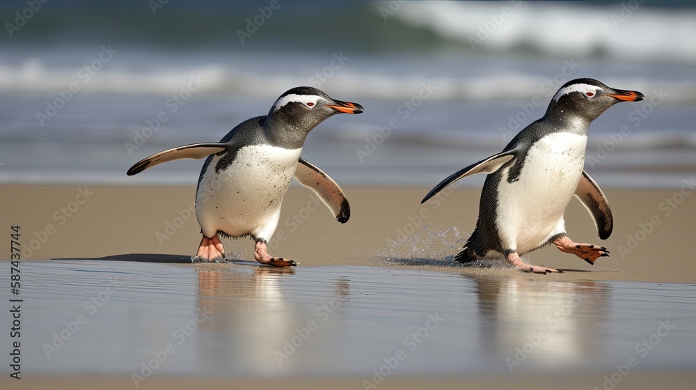 Fototapeta premium Gentoo penguin chicks chasing on beach. Generative AI