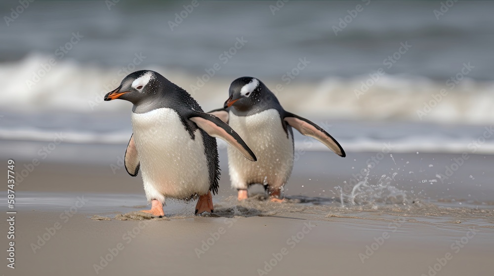 Fototapeta premium Gentoo penguin chicks chasing on beach. Generative AI