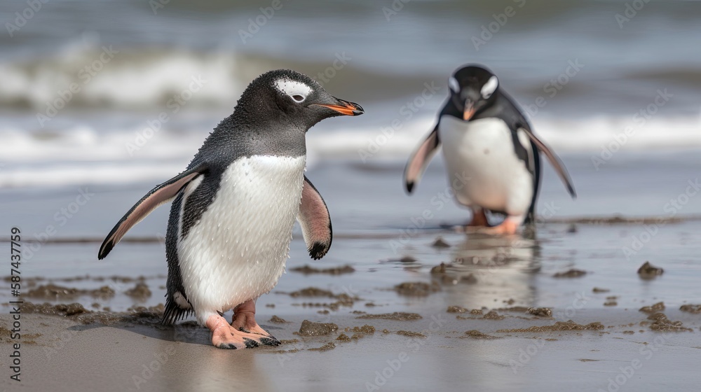 Naklejka premium Gentoo penguin chicks chasing on beach. Generative AI