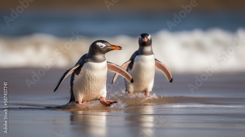 Gentoo penguin chicks chasing on beach. Generative AI