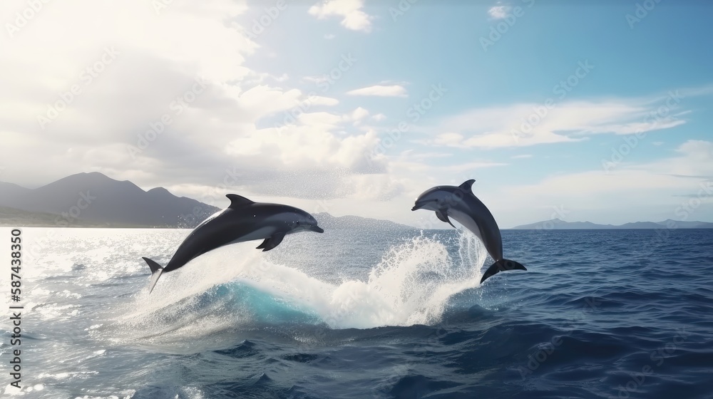 Obraz premium Playful dolphins jumping over breaking waves. Generative AI