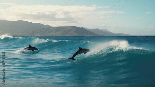 Playful dolphins jumping over breaking waves. Generative AI © AdriFerrer